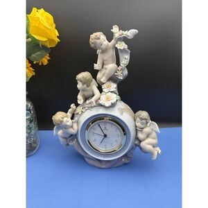 Vintage Lladro Angelic Time #5973 Mantel Clock Cherubs & Flowers w/Box Retired